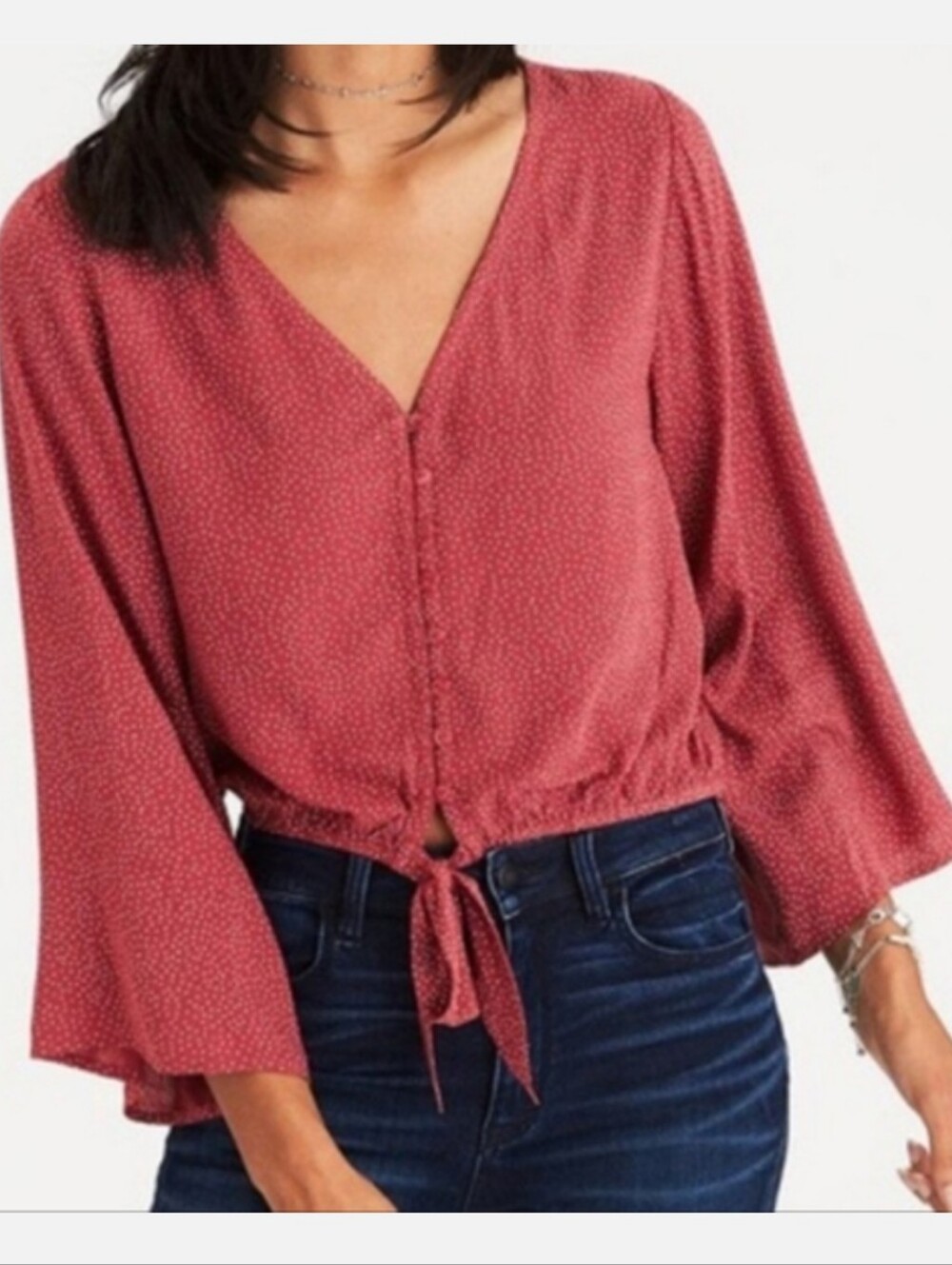 AE Rust Red Dot Button Tie-Front V Neck Flare Sleeve Crop Top, Size M